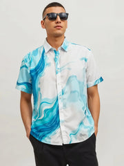 Ocean Drift Men's Abstract Wave Shirt – Cool Blue Swirl Print on White