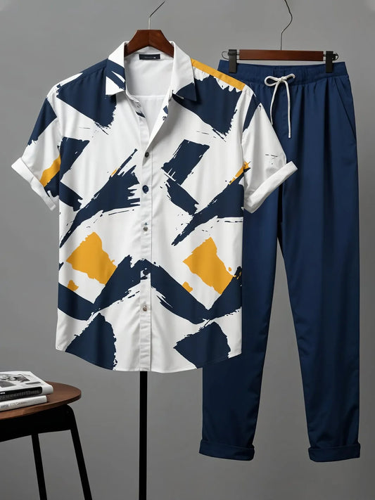 Bold Paint-Stroke Co-ord – Korean Fit Shirt & Solid Blue Pants