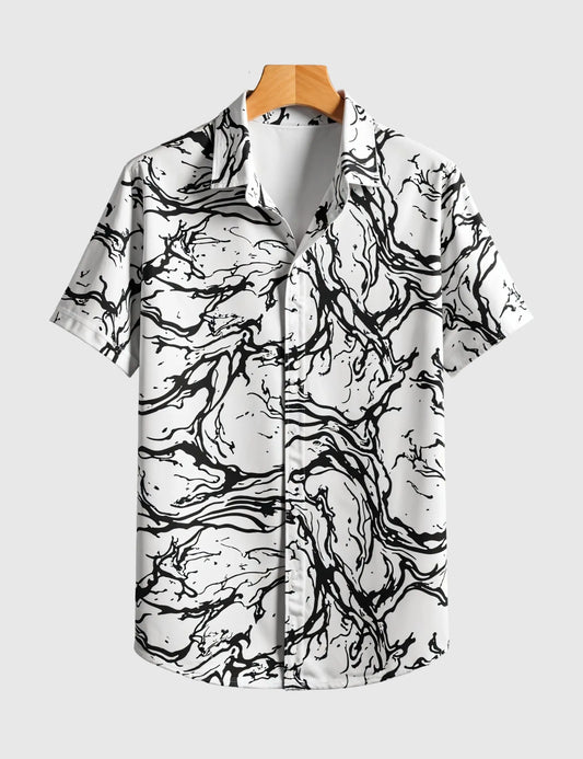 Monochrome Marble Flow Shirt – Black Abstract Swirl Print on White