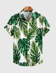 Tropical Breeze Men's Leaf Print Shirt – Green Jungle Vibes on White