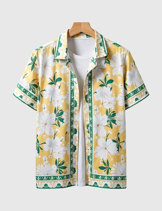 Men's Yellow Hawaiian Floral Print Short Sleeve Shirt