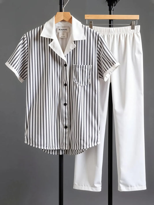 Korean Fit Co-ord Set – Pinstripe Shirt with Clean White Pants