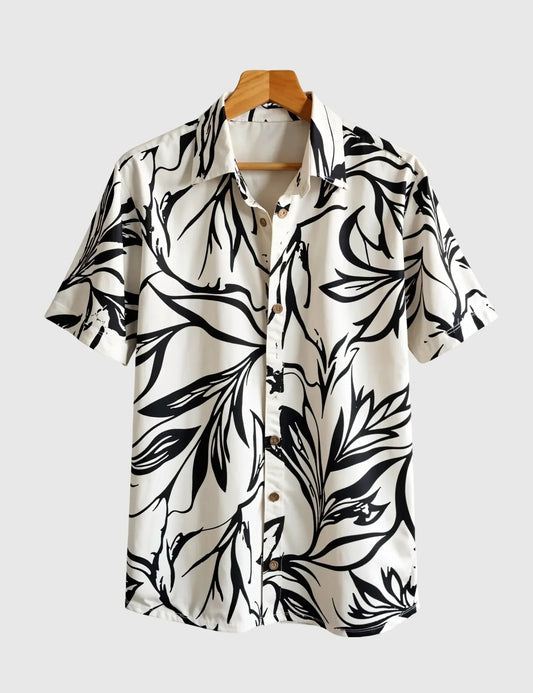 Monochrome Jungle Breeze Shirt – Bold Black Leaf Print on Cream