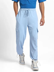 Men’s Korean Aqua Blue Cargo Joggers – Relaxed Fit, Streetwear Style with Multiple Utility Pockets & Adjustable Drawstring Hem