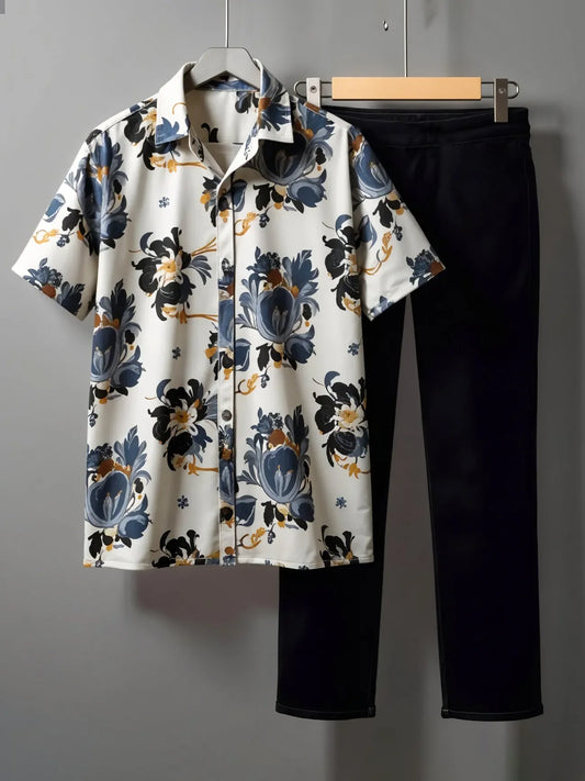 Korean Style Co-ord – Royal Blue & Ochre Floral Print Shirt with Jet Black Trousers