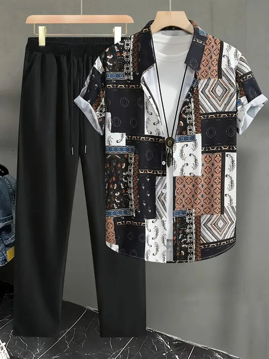 Korean Co-ord Set – Retro Patchwork Shirt Paired with Black Cotton Trousers