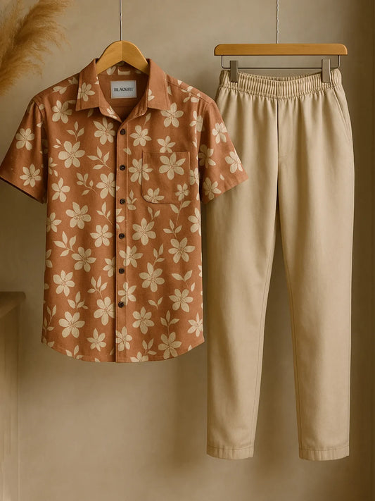 Retro Bloom Co-ord Set – Korean Fit Shirt with Minimal Beige Pants
