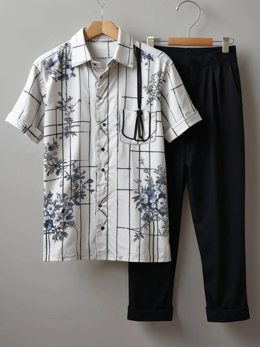 Modern Grid Floral Co-ord – Korean Fit Shirt with Black Pants