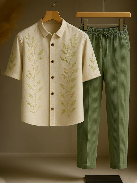 Botanical Co-ord Set – Minimalist Leaf Shirt & Ribbed Olive Trousers