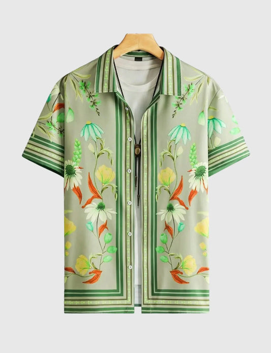 Botanical Bloom Men's Retro Floral Shirt – Garden-Inspired Elegance in Green