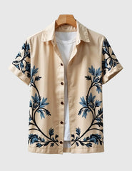 Desert Bloom Shirt – Beige Canvas with Midnight Blue Botanical Design