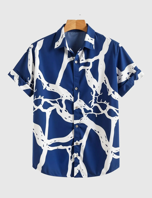 Midnight Branches Shirt – Abstract White Vein Print on Deep Blue Canvas