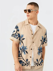 Desert Bloom Shirt – Beige Canvas with Midnight Blue Botanical Design