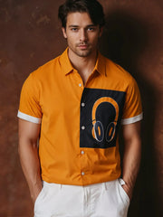 Trendy Orange & Black Short Sleeve Shirt with Music Headset Print – Casual Summer Vibes