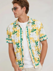 Men's Yellow Hawaiian Floral Print Short Sleeve Shirt