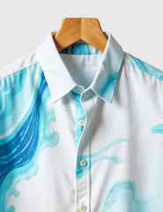 Ocean Drift Men's Abstract Wave Shirt – Cool Blue Swirl Print on White