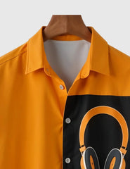 Trendy Orange & Black Short Sleeve Shirt with Music Headset Print – Casual Summer Vibes