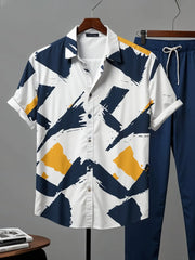 Bold Paint-Stroke Co-ord – Korean Fit Shirt & Solid Blue Pants