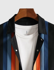 Men's Geometric Stripe Short Sleeve Button-Up Shirt with Inner White Tee – Retro Colorblock Design