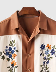 Men's Retro Floral Print Short Sleeve Shirt – Brown & Cream Color Block Design