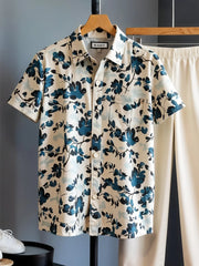 Classy Teal Bloom Co-ord – Korean Fit Floral Shirt & Neutral Bottoms