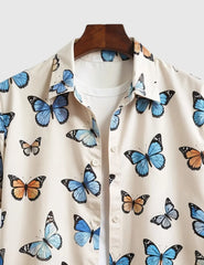 Men's Casual Short Sleeve Button-Up Shirt with Blue & Orange Butterfly Print