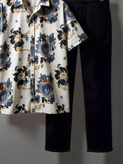 Korean Style Co-ord – Royal Blue & Ochre Floral Print Shirt with Jet Black Trousers