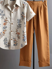 Korean Fit Co-ord – Soft Floral Shirt with Earth-Tone Trousers