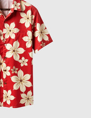 Crimson Tropics Men's Floral Shirt – Bold Red with Cream Blossom Print
