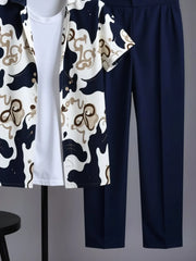 Korean Fit Co-ord – Artistic Graphic Shirt with Tailored Blue Trousers