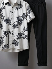 Minimal Floral Co-ord Set – Monochrome Rose Shirt with Black Pants