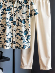 Classy Teal Bloom Co-ord – Korean Fit Floral Shirt & Neutral Bottoms
