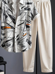 Korean Summer Co-ord – Graphic Brushstroke Shirt with Neutral Trousers