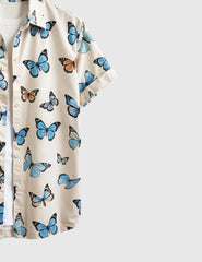 Men's Casual Short Sleeve Button-Up Shirt with Blue & Orange Butterfly Print