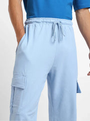 Men’s Korean Aqua Blue Cargo Joggers – Relaxed Fit, Streetwear Style with Multiple Utility Pockets & Adjustable Drawstring Hem