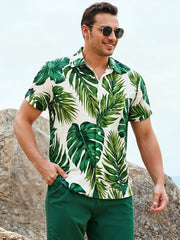 Tropical Breeze Men's Leaf Print Shirt – Green Jungle Vibes on White