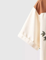 Men's Retro Floral Print Short Sleeve Shirt – Brown & Cream Color Block Design