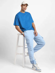 Men’s Korean Aqua Blue Cargo Joggers – Relaxed Fit, Streetwear Style with Multiple Utility Pockets & Adjustable Drawstring Hem