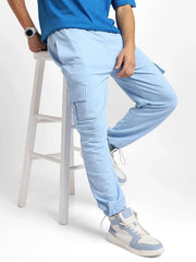 Men’s Korean Aqua Blue Cargo Joggers – Relaxed Fit, Streetwear Style with Multiple Utility Pockets & Adjustable Drawstring Hem