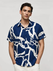 Midnight Branches Shirt – Abstract White Vein Print on Deep Blue Canvas