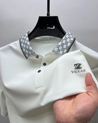 Designer Polo T-Shirt with Signature Pattern Collar & Z Club Metal Logo Badge