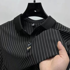 Modern Pinstripe Polo T-Shirt Contrast Collar & Button Placket – Sophisticated Casualwear for Men