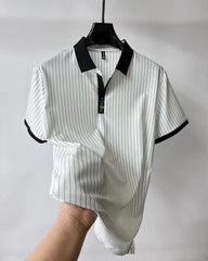 Modern Pinstripe Polo T-Shirt Contrast Collar & Button Placket – Sophisticated Casualwear for Men
