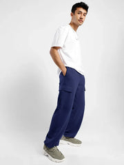 Men’s Korean Navy Blue Cargo Joggers – Relaxed Fit, Streetwear Style with Multiple Utility Pockets & Adjustable Drawstring Hem