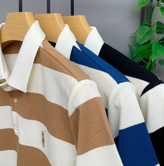 Classic Striped Polo T-Shirt in Cream & Blue – Premium Texture with Iconic Embroidered Horseman Logo