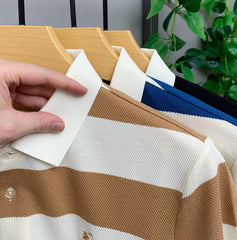 Classic Striped Polo T-Shirt in Cream & Blue – Premium Texture with Iconic Embroidered Horseman Logo