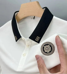 Luxury Polo T-Shirt with Black Greek Collar & Embroidered Tiger Crest – Statement Style for Modern Men