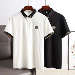 Luxury Polo T-Shirt with Black Greek Collar & Embroidered Tiger Crest – Statement Style for Modern Men