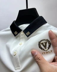 Italian-Inspired White Polo T-Shirt Greek Key Collar & Embossed 'V' Crest Badge