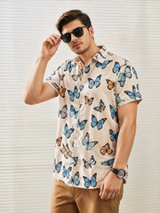 Men's Casual Short Sleeve Button-Up Shirt with Blue & Orange Butterfly Print
